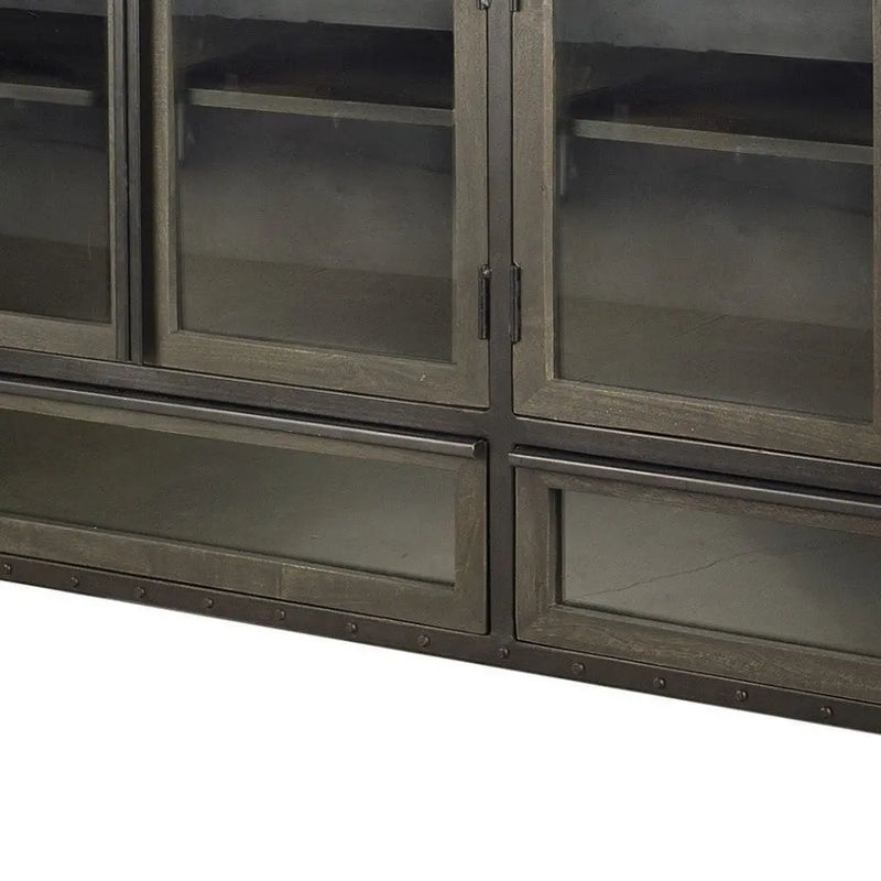 62" Dark Brown Iron Two Drawer Sideboard with Four Glass Doors Homeroots Kitchen & Dining