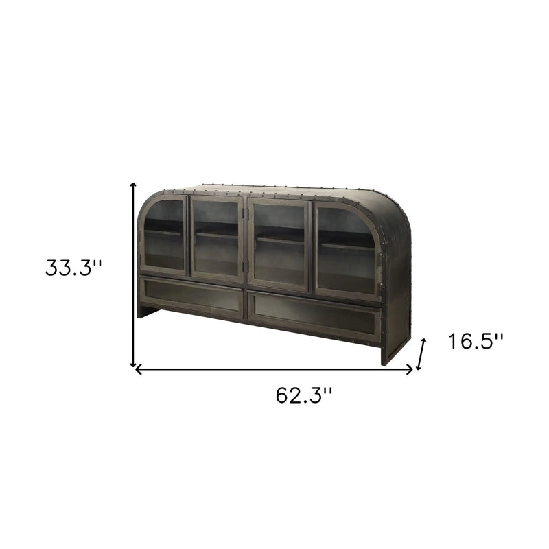 62" Dark Brown Iron Two Drawer Sideboard with Four Glass Doors Homeroots Kitchen & Dining