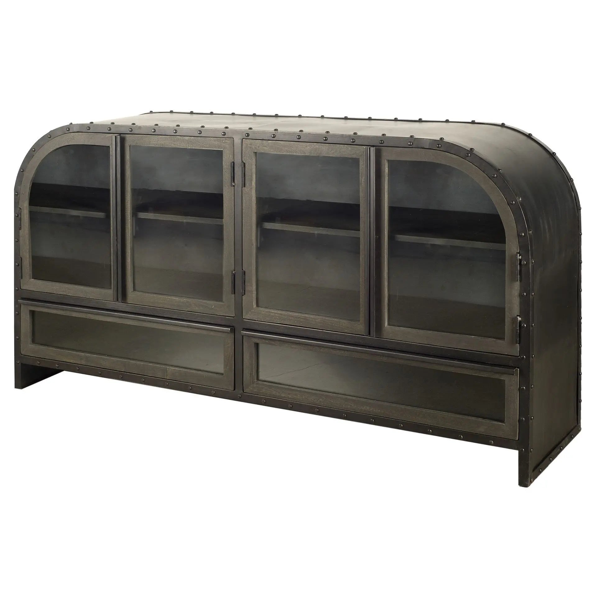 62" Dark Brown Iron Two Drawer Sideboard with Four Glass Doors Homeroots Kitchen & Dining