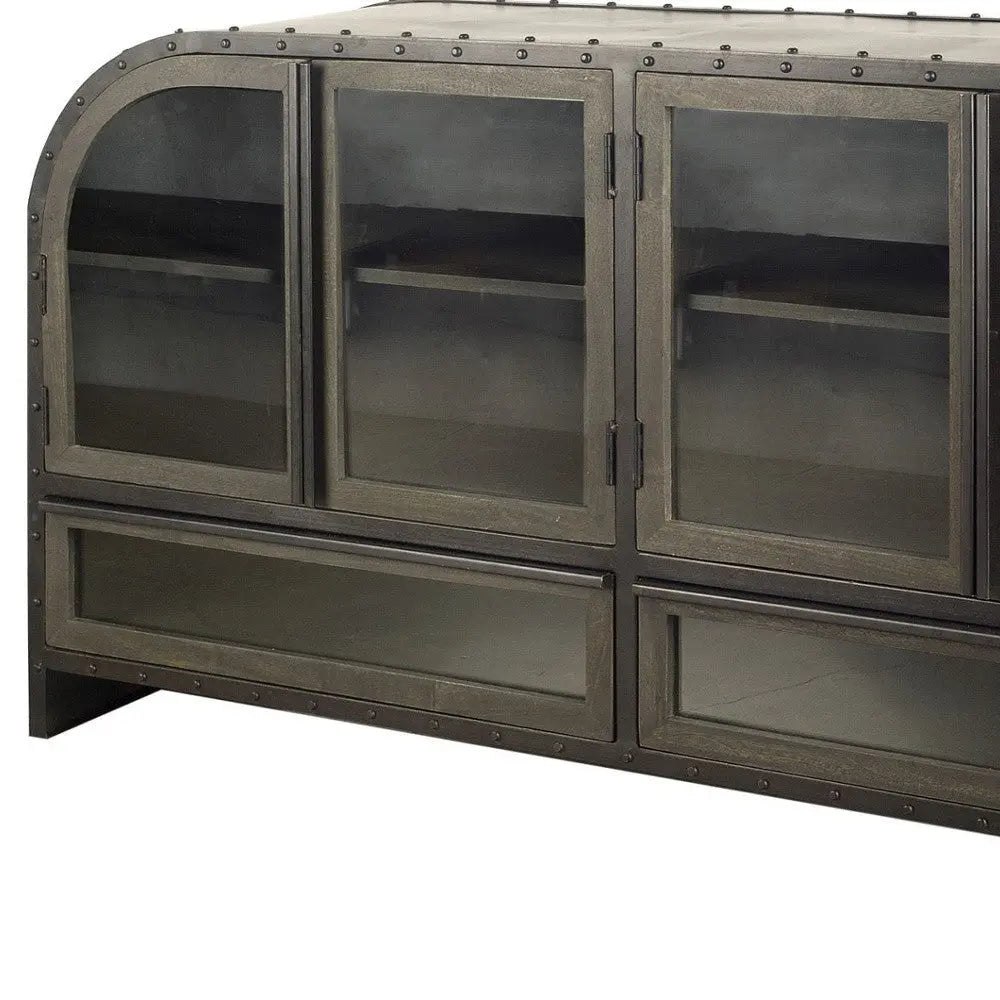 62" Dark Brown Iron Two Drawer Sideboard with Four Glass Doors Homeroots Kitchen & Dining