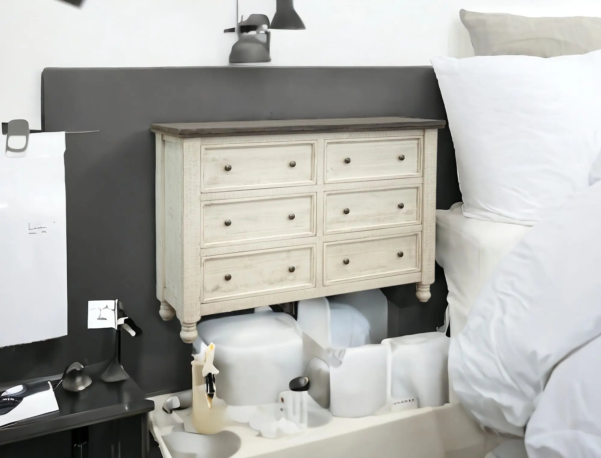 62" Gray and Ivory Solid Wood Six Drawer Double Dresser - GreatEagleInc