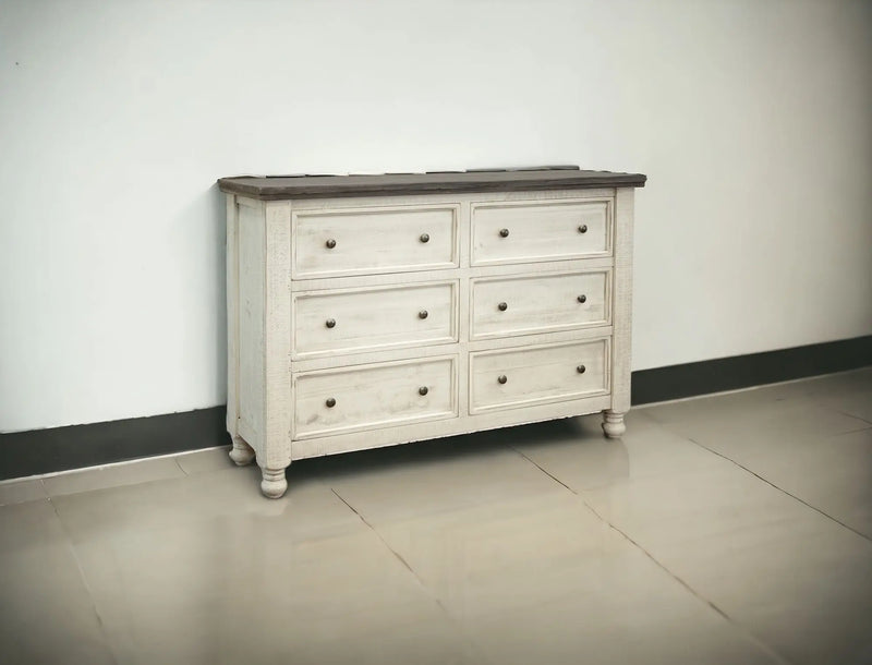 62" Gray and Ivory Solid Wood Six Drawer Double Dresser - GreatEagleInc