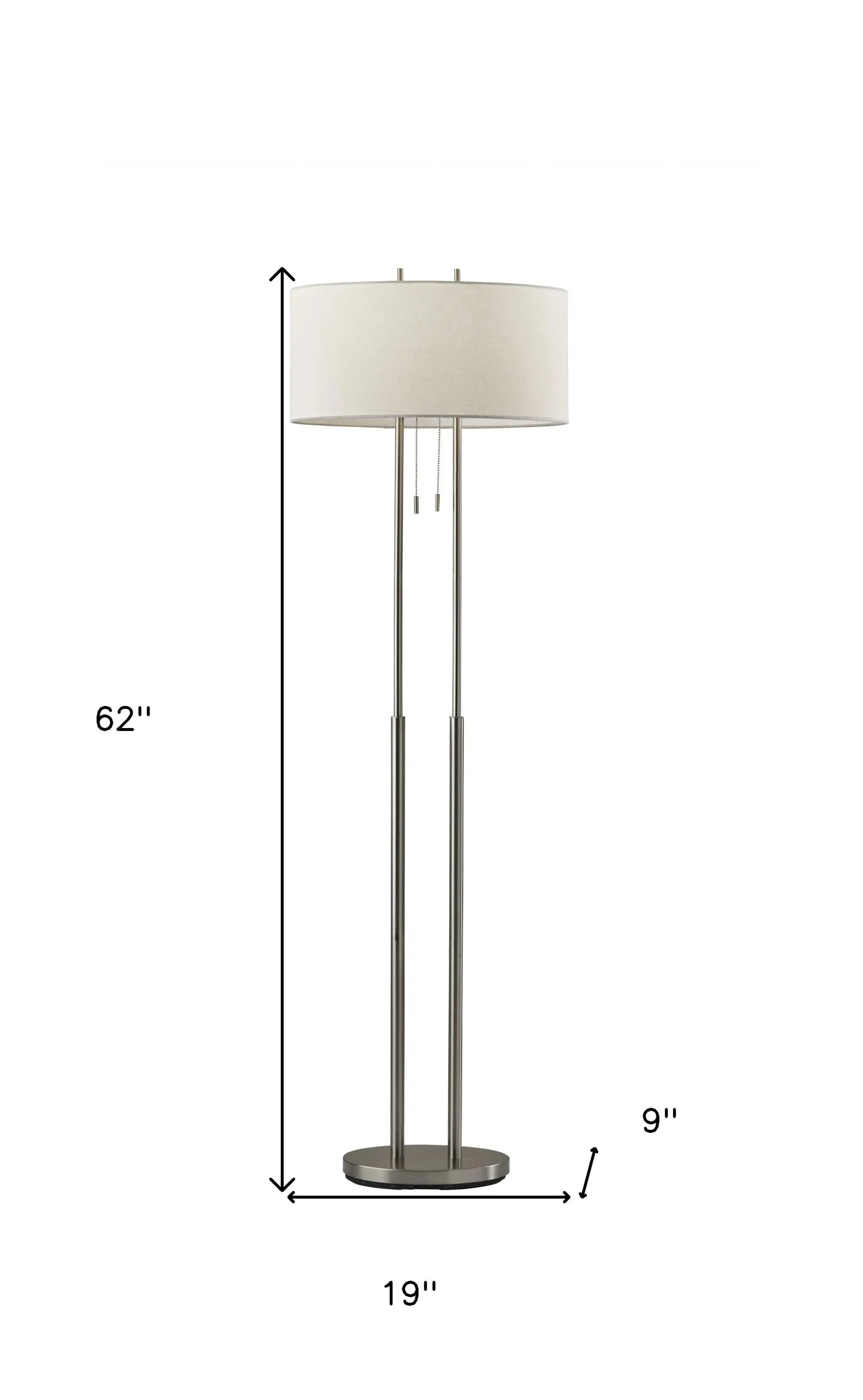 62" Silver Metal Task Floor Lamp With White Fabric Drum Shade - GreatEagleInc