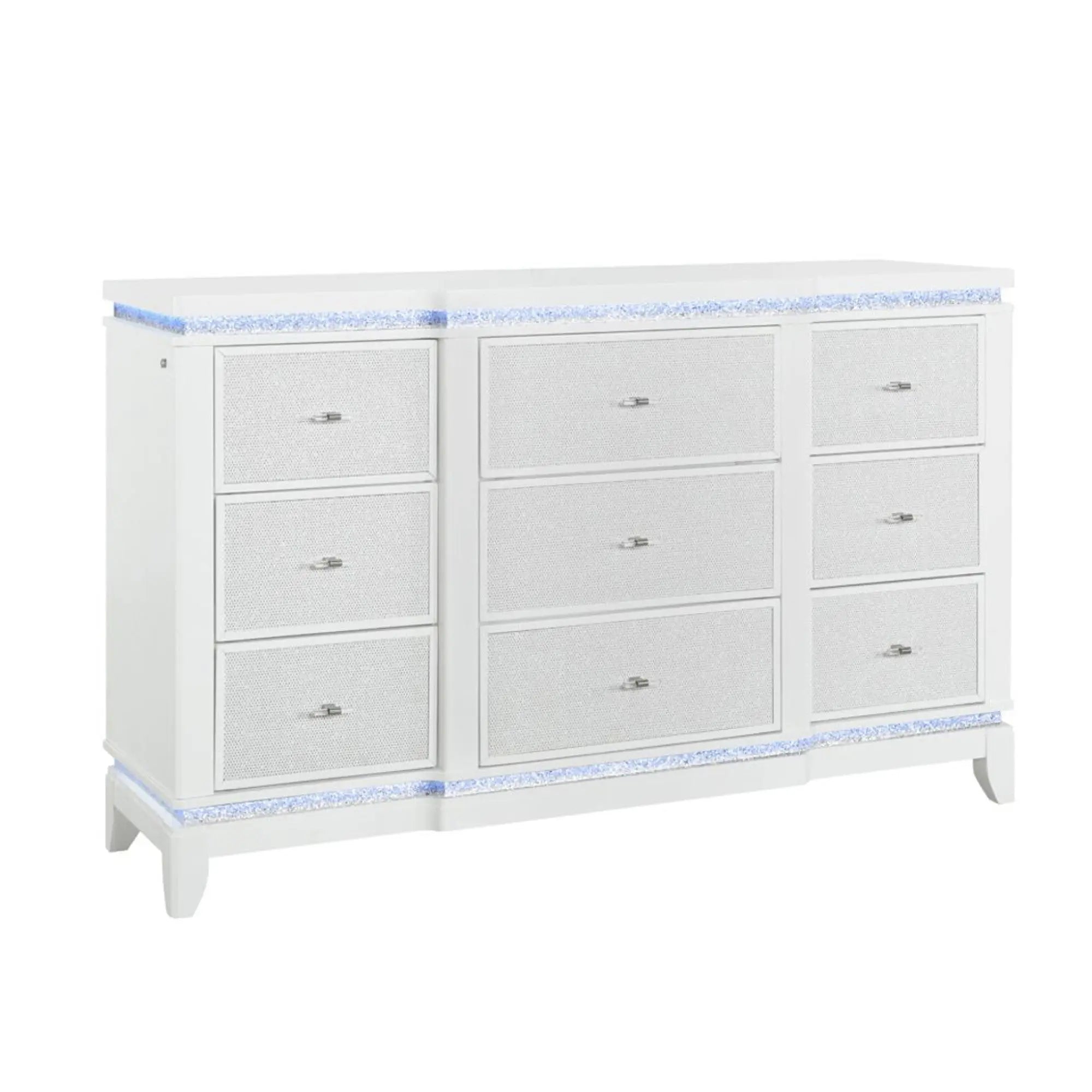 62" White Faux Crystal Glitter Wood Lighted Nine Drawer Triple Dresser Homeroots Bed & Bath