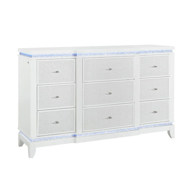 62" White Faux Crystal Glitter Wood Lighted Nine Drawer Triple Dresser Homeroots Bed & Bath