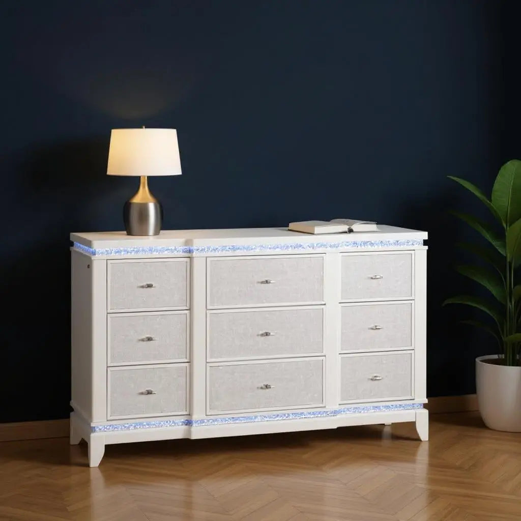 62" White Faux Crystal Glitter Wood Lighted Nine Drawer Triple Dresser Homeroots Bed & Bath