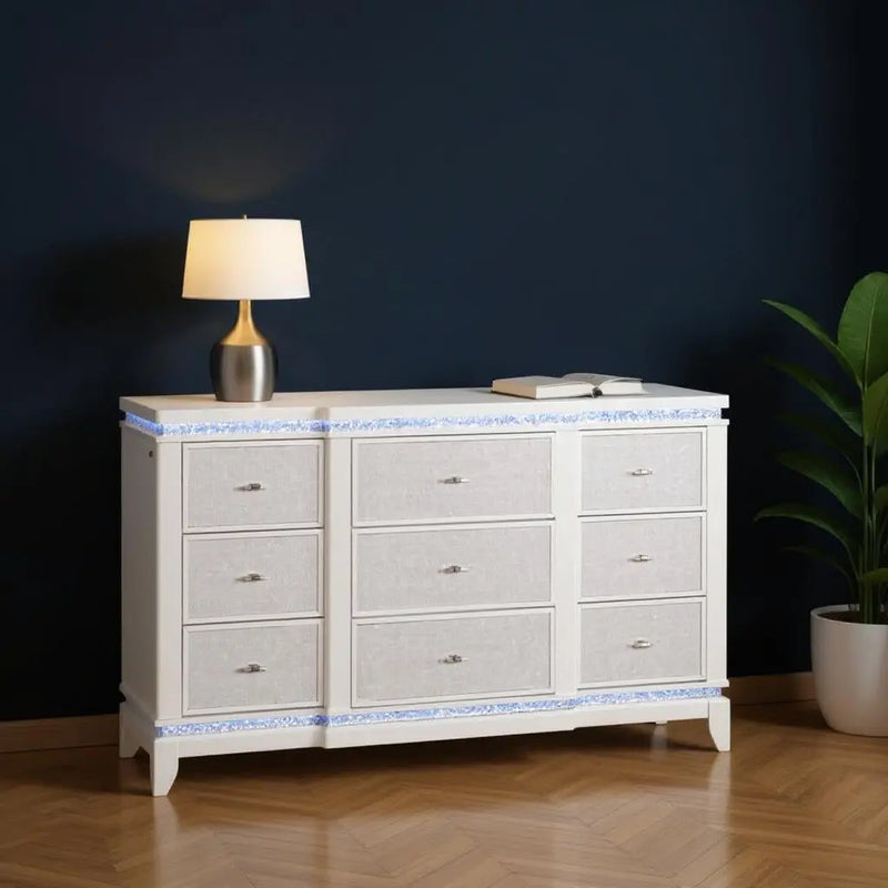 62" White Faux Crystal Glitter Wood Lighted Nine Drawer Triple Dresser Homeroots Bed & Bath