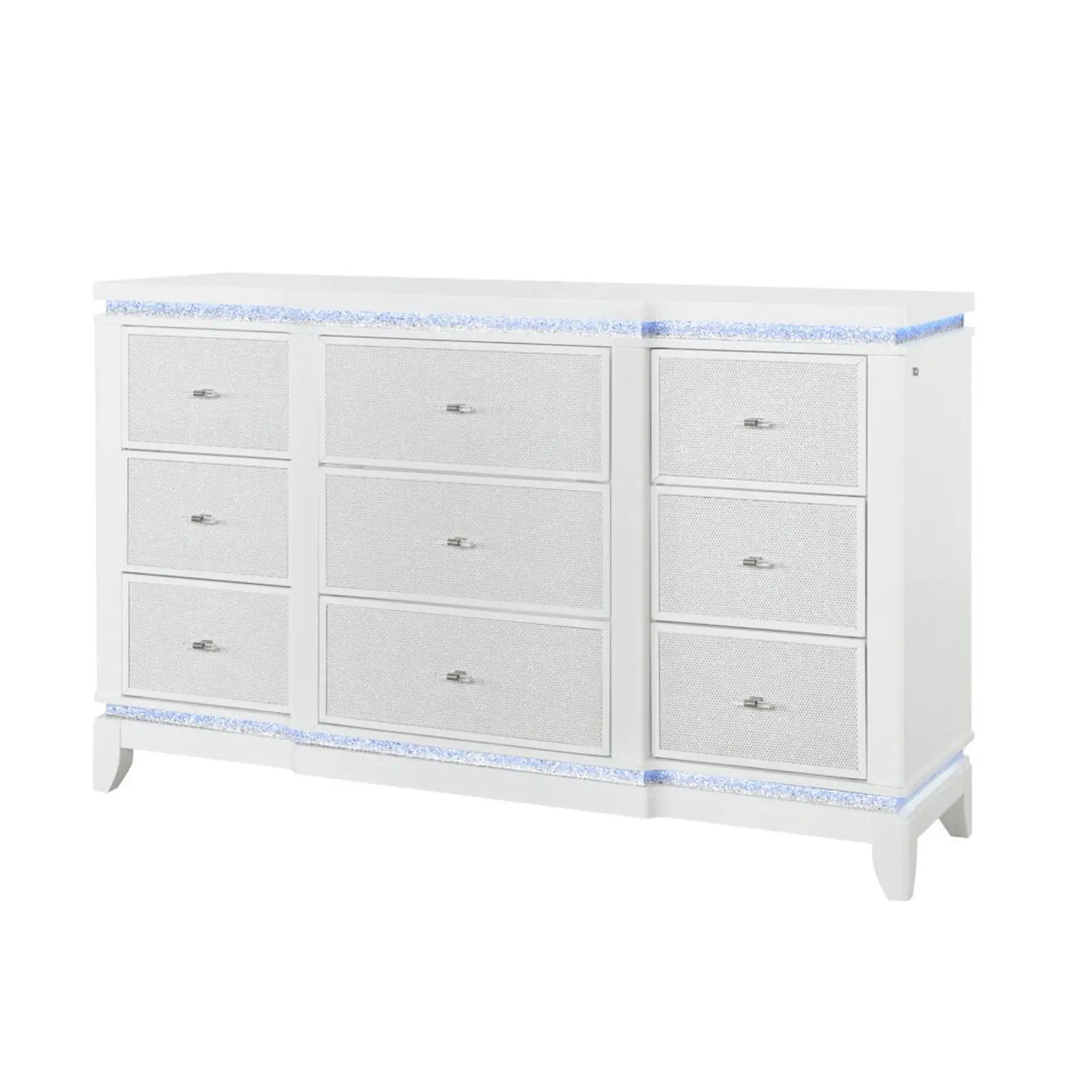 62" White Faux Crystal Glitter Wood Lighted Nine Drawer Triple Dresser Homeroots Bed & Bath