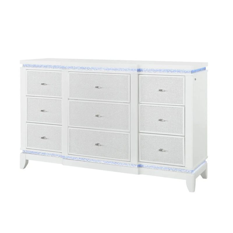 62" White Faux Crystal Glitter Wood Lighted Nine Drawer Triple Dresser Homeroots Bed & Bath