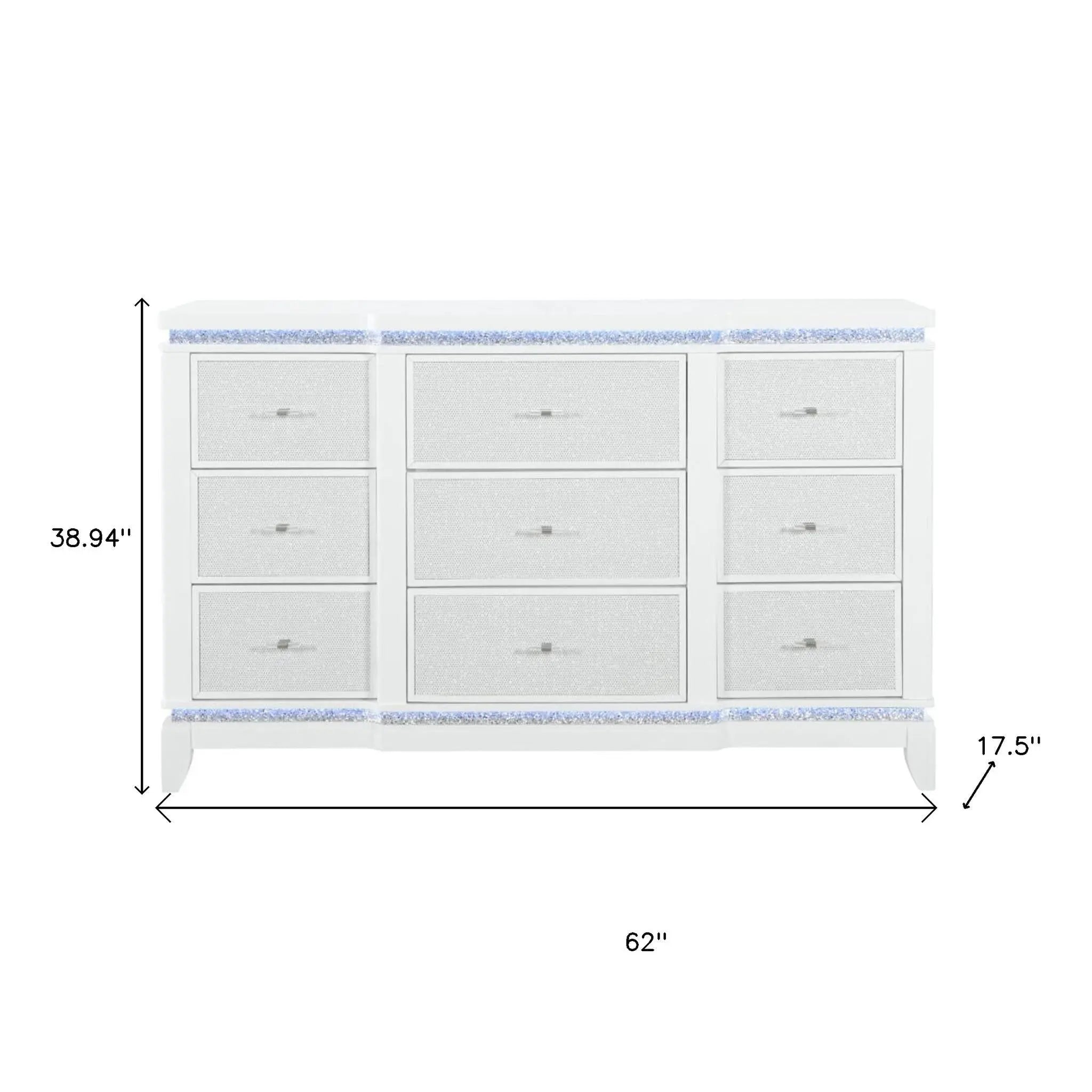 62" White Faux Crystal Glitter Wood Lighted Nine Drawer Triple Dresser Homeroots Bed & Bath