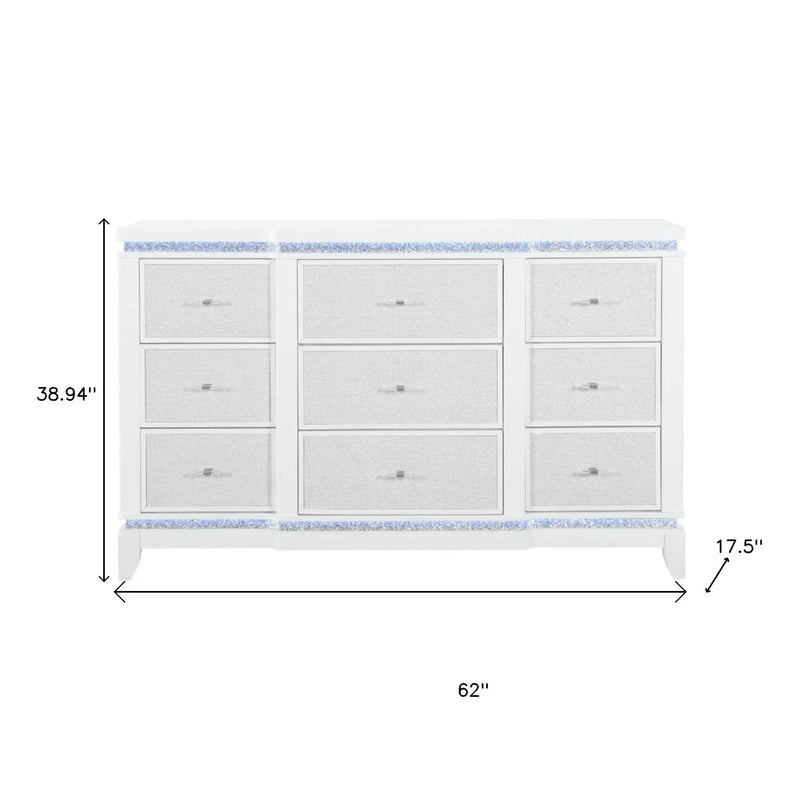 62" White Faux Crystal Glitter Wood Lighted Nine Drawer Triple Dresser Homeroots Bed & Bath