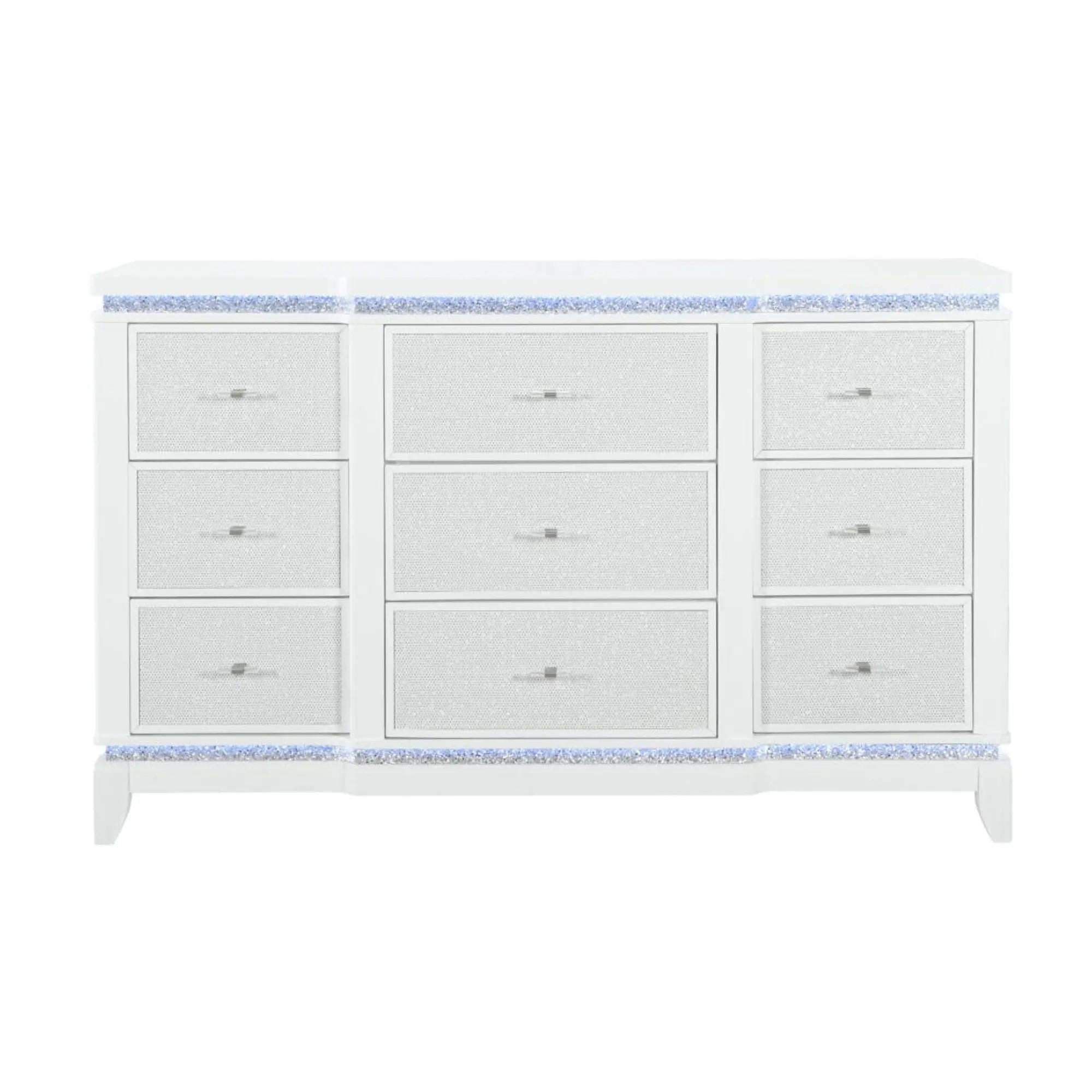 62" White Faux Crystal Glitter Wood Lighted Nine Drawer Triple Dresser Homeroots Bed & Bath