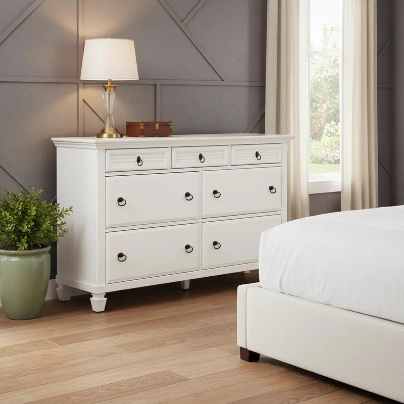 62" White Solid Wood Seven Drawer Double Dresser Homeroots Bed & Bath