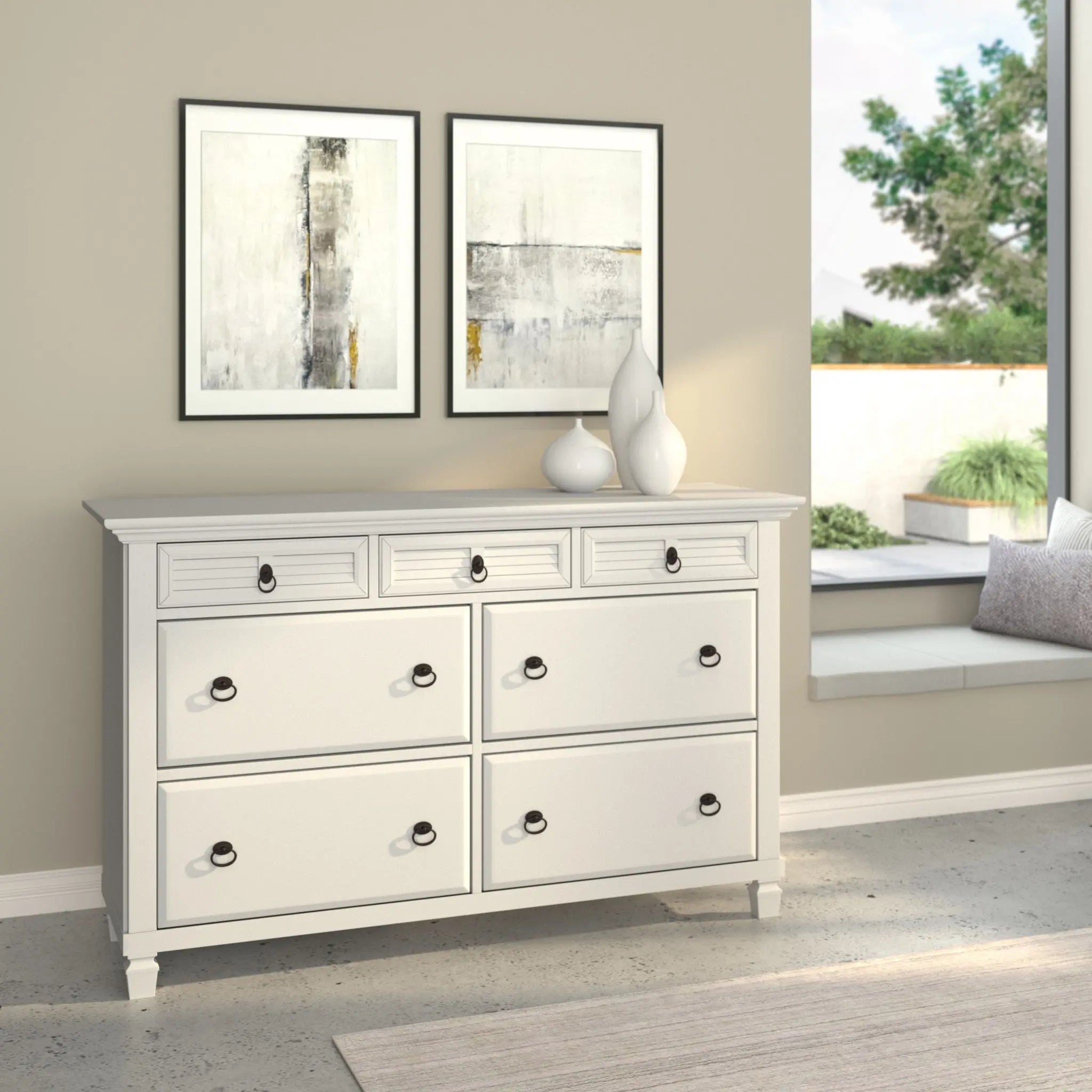 62" White Solid Wood Seven Drawer Double Dresser Homeroots Bed & Bath