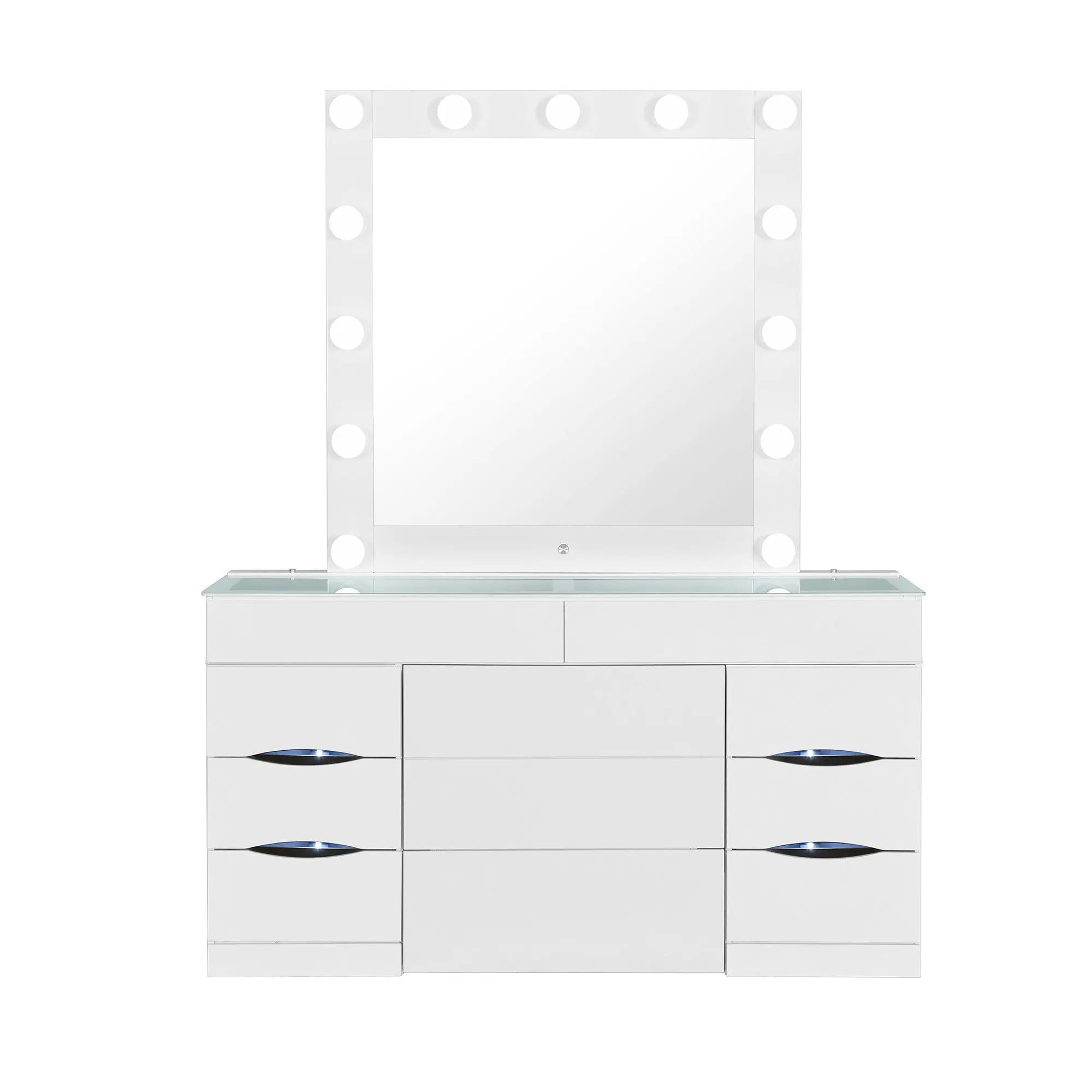 62" White Wood And Glass Six Drawer Vanity Table With Mirror Seating And Lights Homeroots Living Room