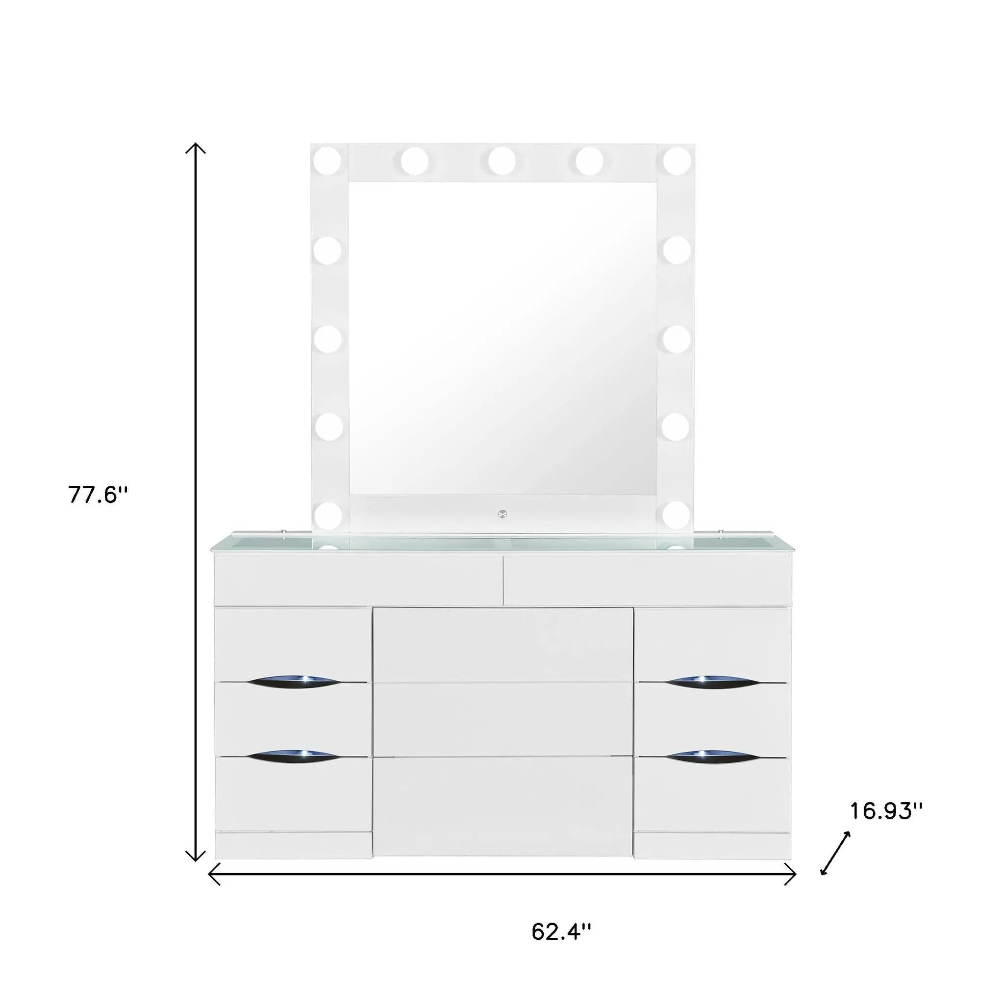 62" White Wood And Glass Six Drawer Vanity Table With Mirror Seating And Lights Homeroots Living Room