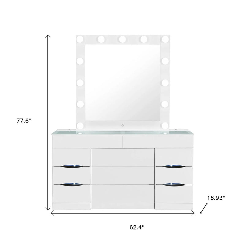 62" White Wood And Glass Six Drawer Vanity Table With Mirror Seating And Lights Homeroots Living Room