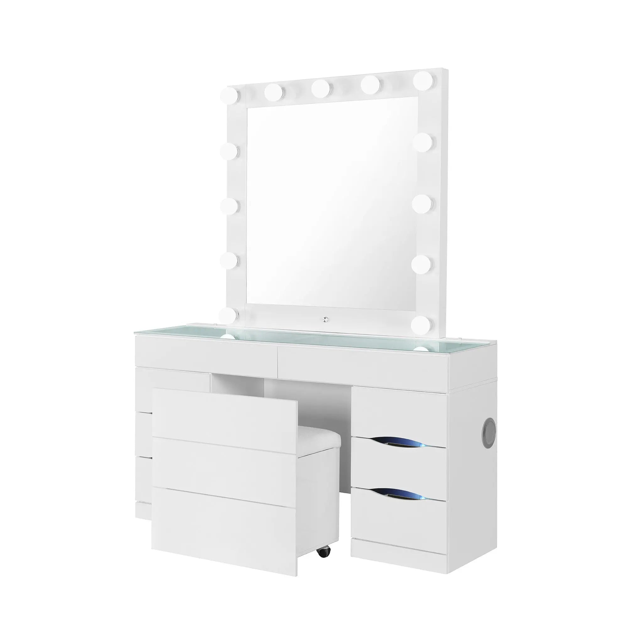 62" White Wood And Glass Six Drawer Vanity Table With Mirror Seating And Lights Homeroots Living Room