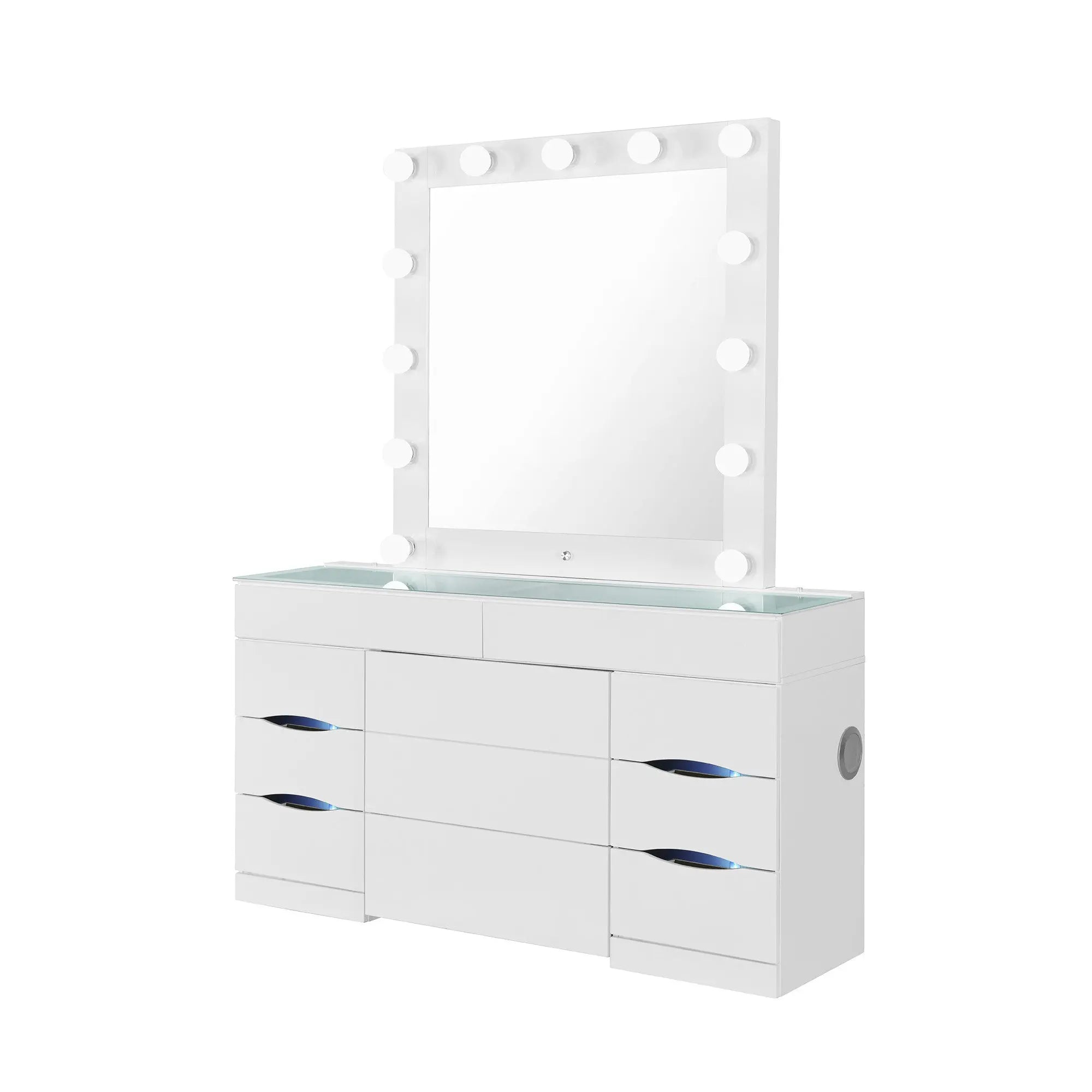 62" White Wood And Glass Six Drawer Vanity Table With Mirror Seating And Lights Homeroots Living Room