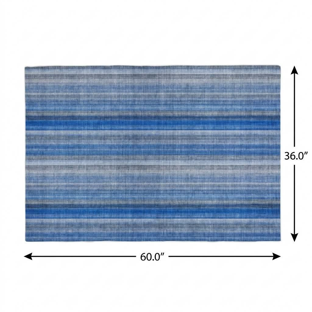 3' X 5' Blue And Gray Striped Shag Washable Area Rug With UV Protection - Home & Garden