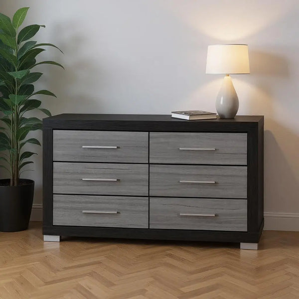 63" Black And Gray Wood Six Drawer Double Dresser Homeroots Bed & Bath