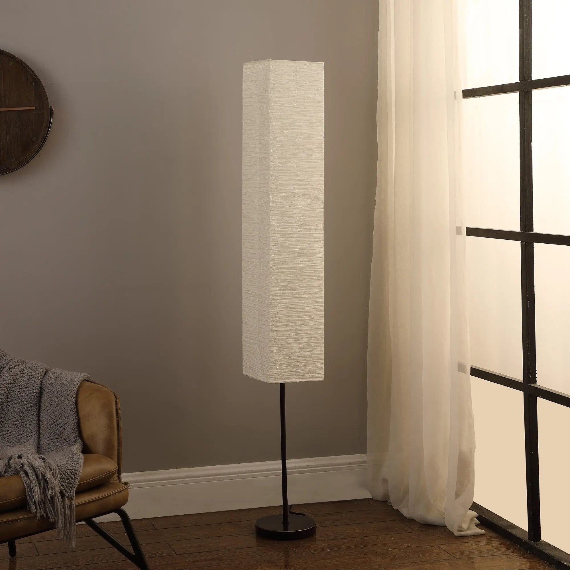 63" Black And Off White Column Floor Lamp With Off White Paper Rectangular Shade Homeroots Lighting