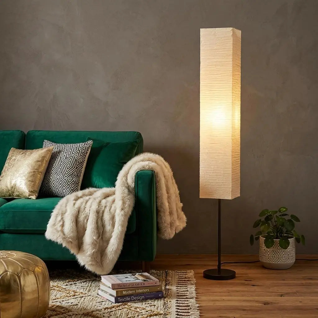 63" Black And Off White Column Floor Lamp With Off White Paper Rectangular Shade Homeroots Lighting