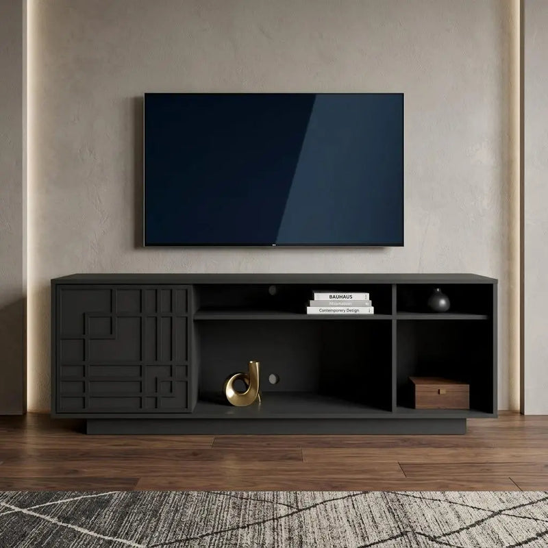 63" Black Carved Geometric Wood Enclosed and Open Storage TV Stand Homeroots Living Room