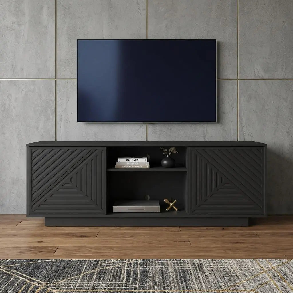 63" Black Ribbed Texture Wood Enclosed and Open Storage TV Stand Homeroots Living Room
