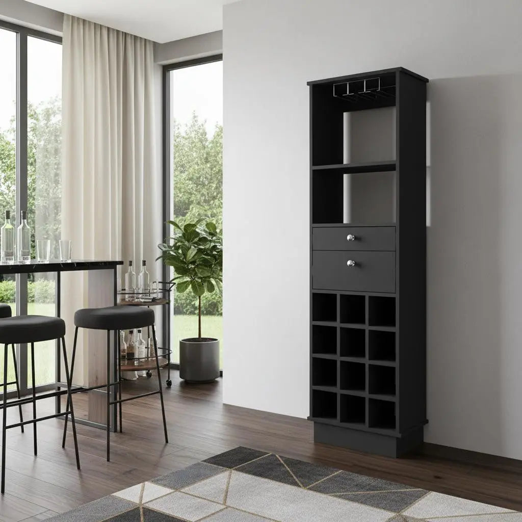 63" Black Wood Bar Cabinet With Two Drawers Homeroots Kitchen & Dining