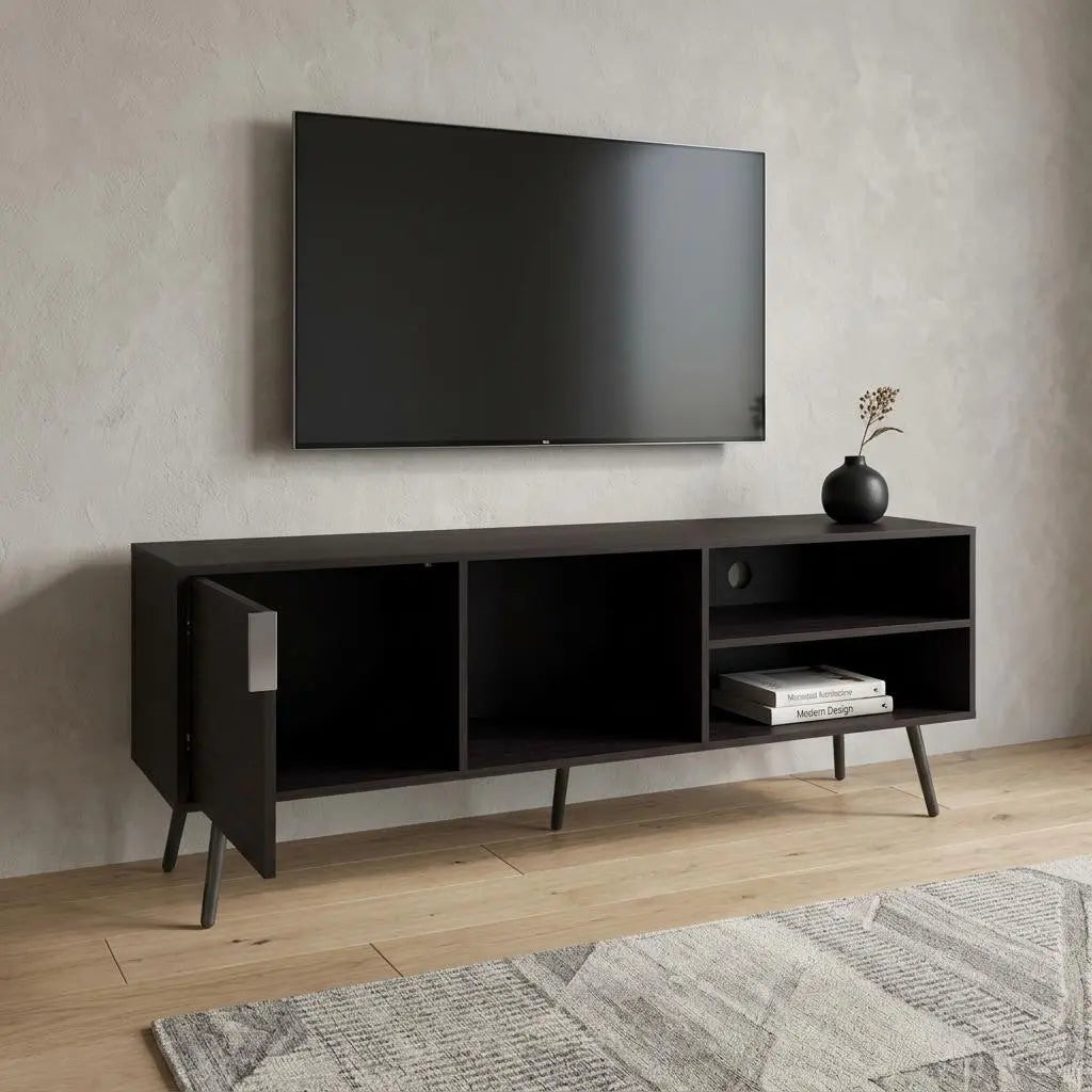 63" Black Wood Enclosed and Open Storage Entertainment Center Homeroots Living Room