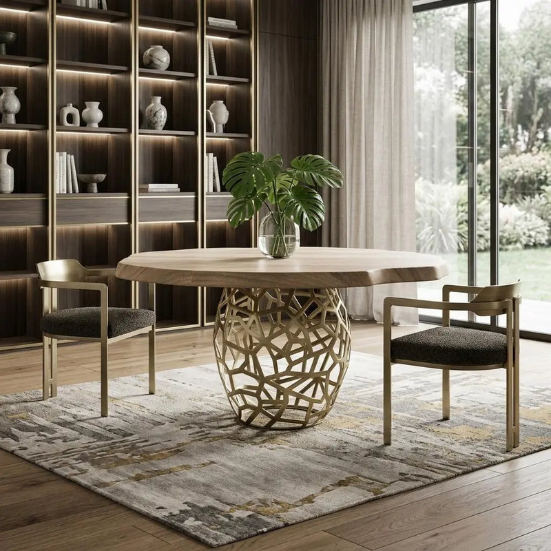 63" Brown And Brass Rounded Solid Wood And Iron Pedestal Base Dining Table Homeroots Kitchen & Dining