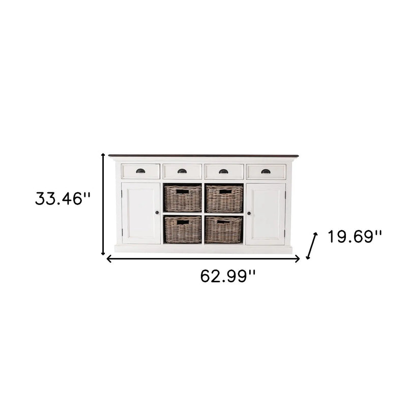 63" Brown And White Distressed Solid Wood Sideboard With Baskets Homeroots Kitchen & Dining