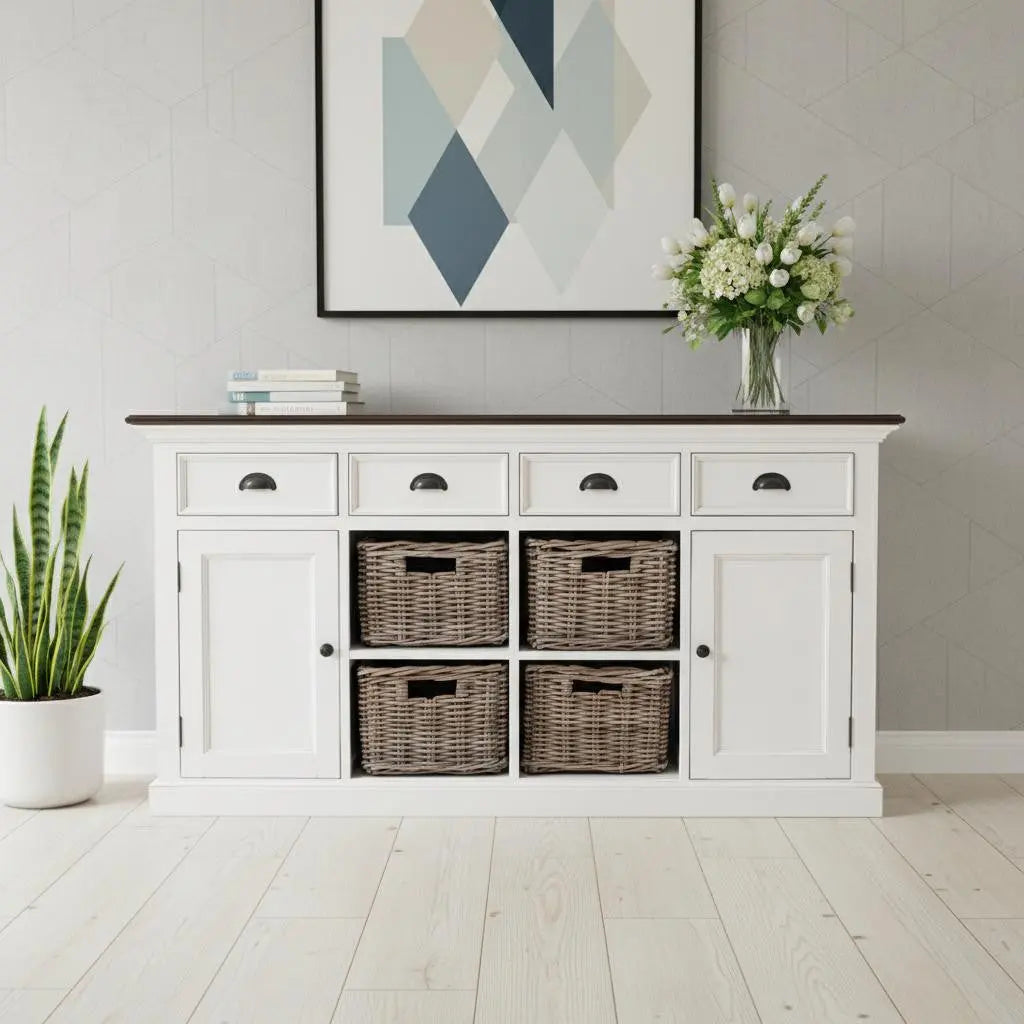 63" Brown And White Distressed Solid Wood Sideboard With Baskets Homeroots Kitchen & Dining