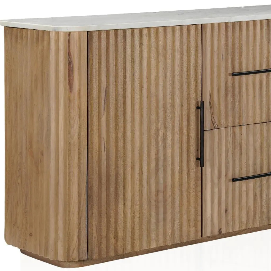 63" Brown And White Solid Wood And Marble Ribbed Texture Sideboard with Two Doors Homeroots Kitchen & Dining