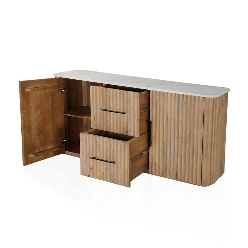 63" Brown And White Solid Wood And Marble Ribbed Texture Sideboard with Two Doors Homeroots Kitchen & Dining