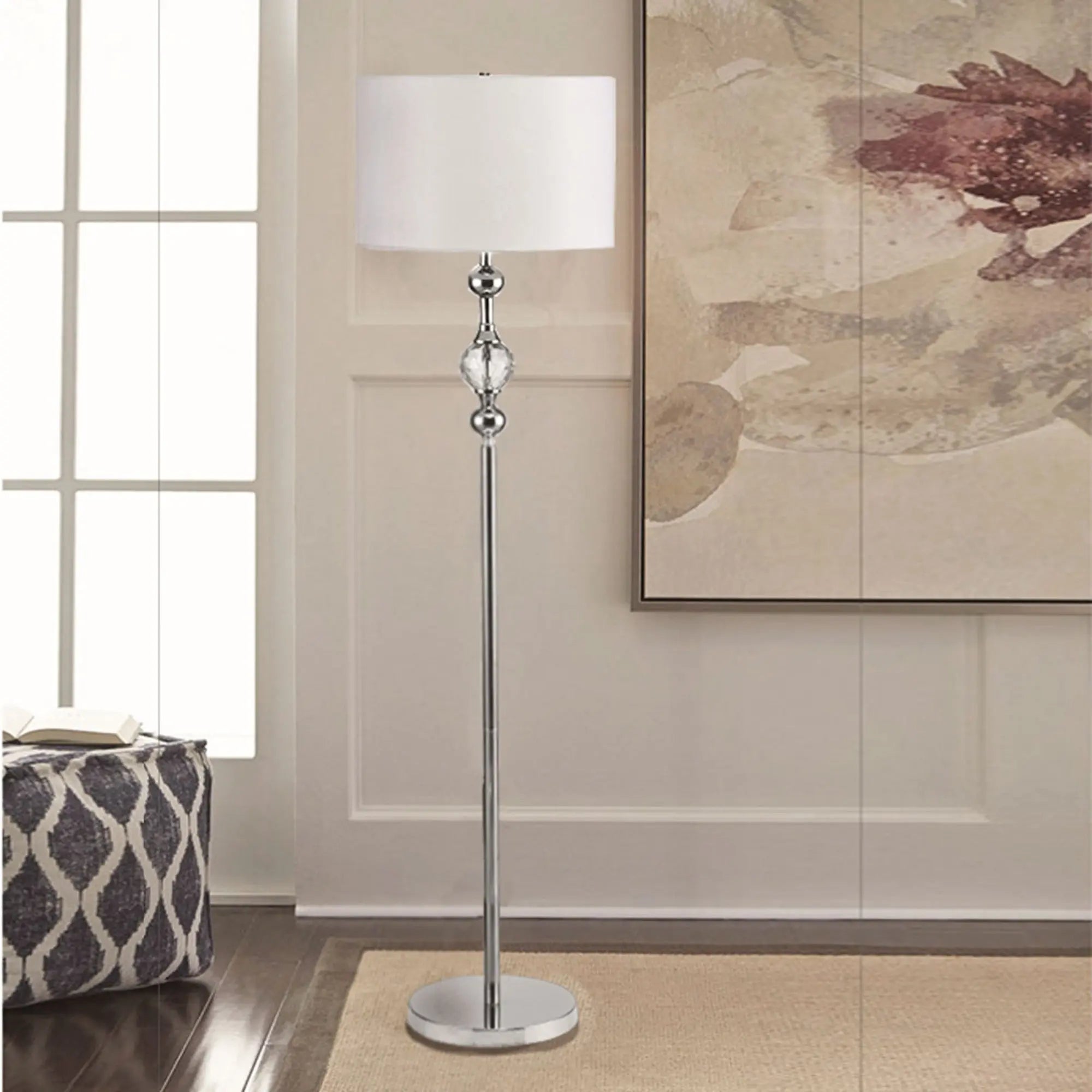 63" Chrome and Crystal Orb Shaped Floor Lamp With White Drum Shade Homeroots Lighting