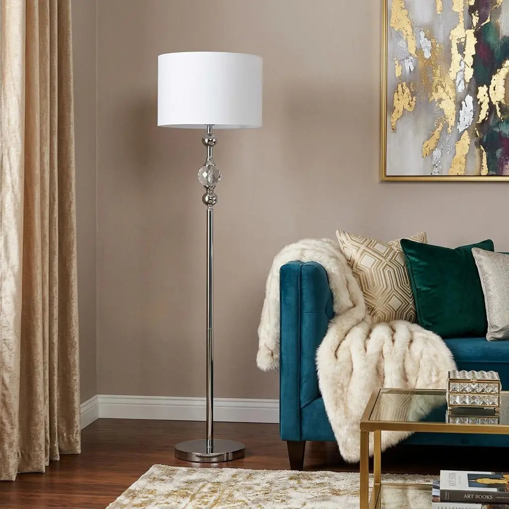 63" Chrome and Crystal Orb Shaped Floor Lamp With White Drum Shade Homeroots Lighting