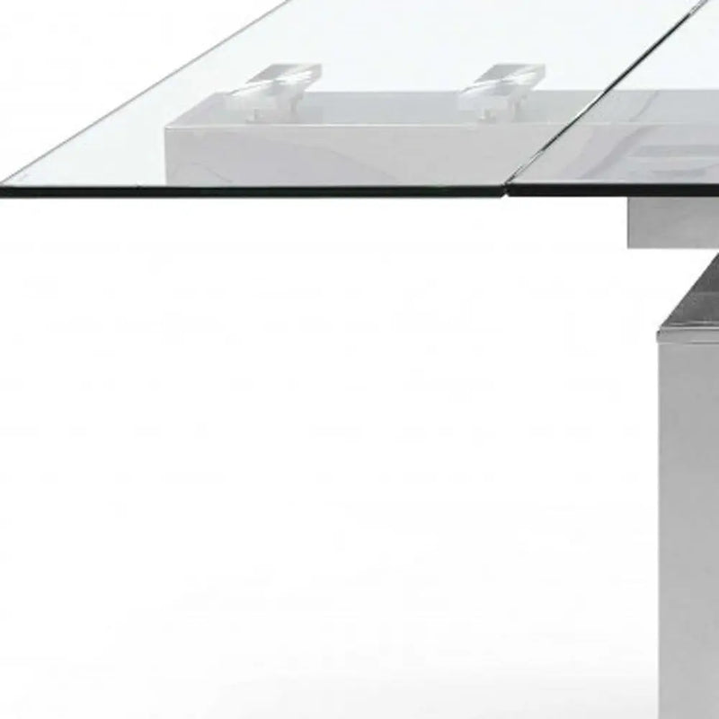 63" Clear and Silver Glass and Stainless Steel Self-Storing Leaf Dining Table Homeroots Kitchen & Dining