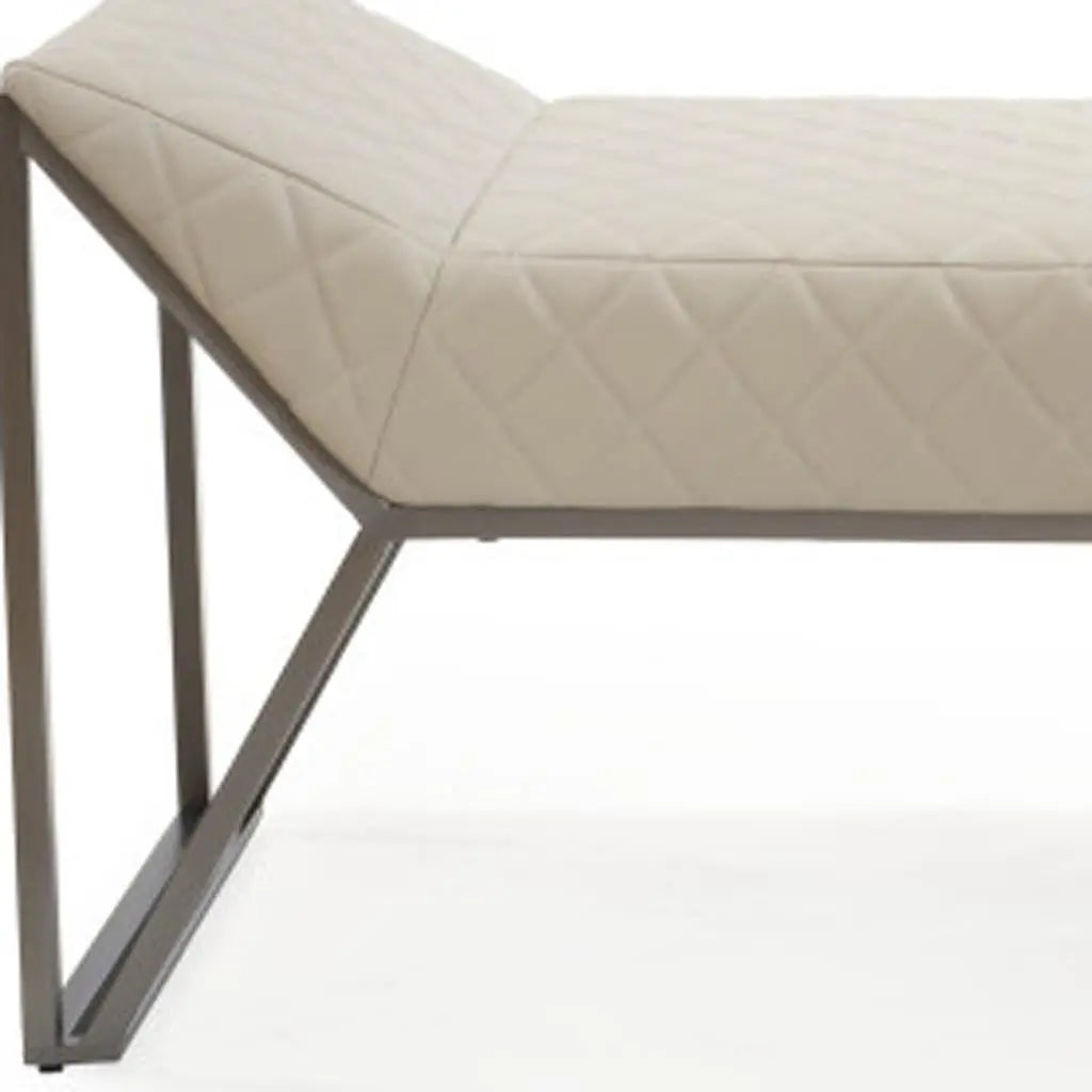 63" Cream and Gray Quilted Faux Leather and Steel Upholstered Bench Homeroots Living Room