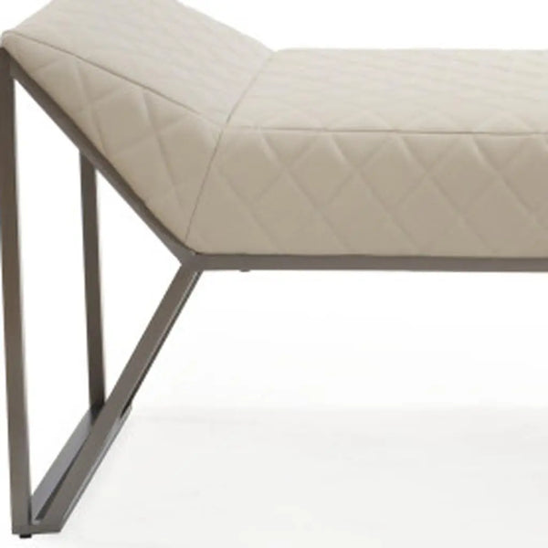 63" Cream and Gray Quilted Faux Leather and Steel Upholstered Bench Homeroots Living Room