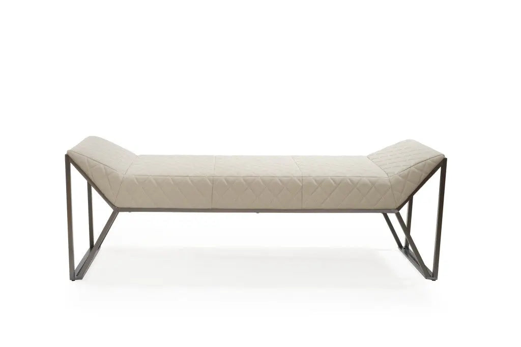 63" Cream and Gray Quilted Faux Leather and Steel Upholstered Bench Homeroots Living Room