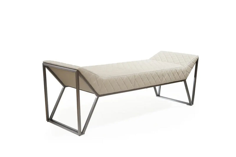 63" Cream and Gray Quilted Faux Leather and Steel Upholstered Bench Homeroots Living Room