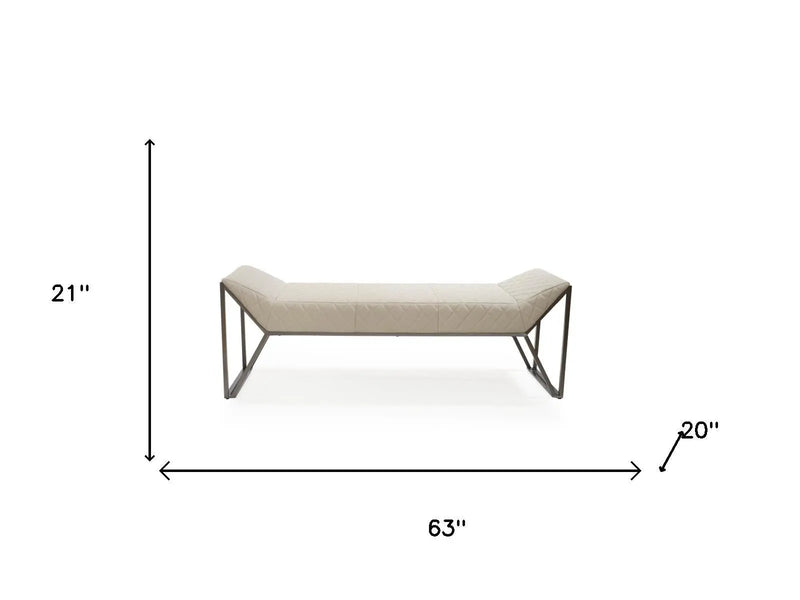 63" Cream and Gray Quilted Faux Leather and Steel Upholstered Bench Homeroots Living Room