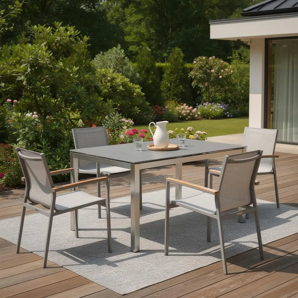 63" Dark Gray and Silver Ceramic Glass and Stainless Steel Outdoor Dining Table Homeroots Outdoor