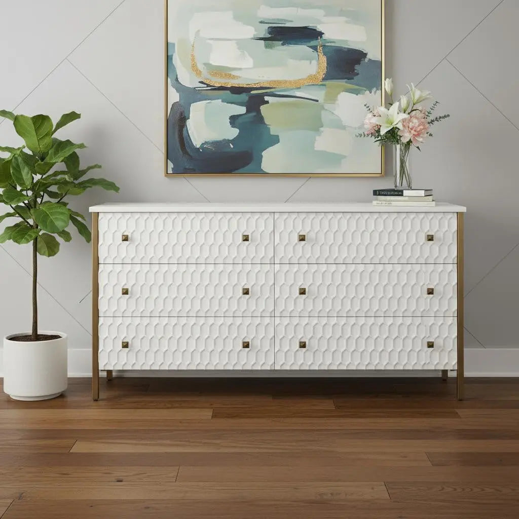 63" Gold And White Wood Carved Geometric Six Drawer Sideboard Homeroots Kitchen & Dining