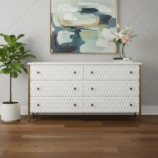 63" Gold And White Wood Carved Geometric Six Drawer Sideboard Homeroots Kitchen & Dining