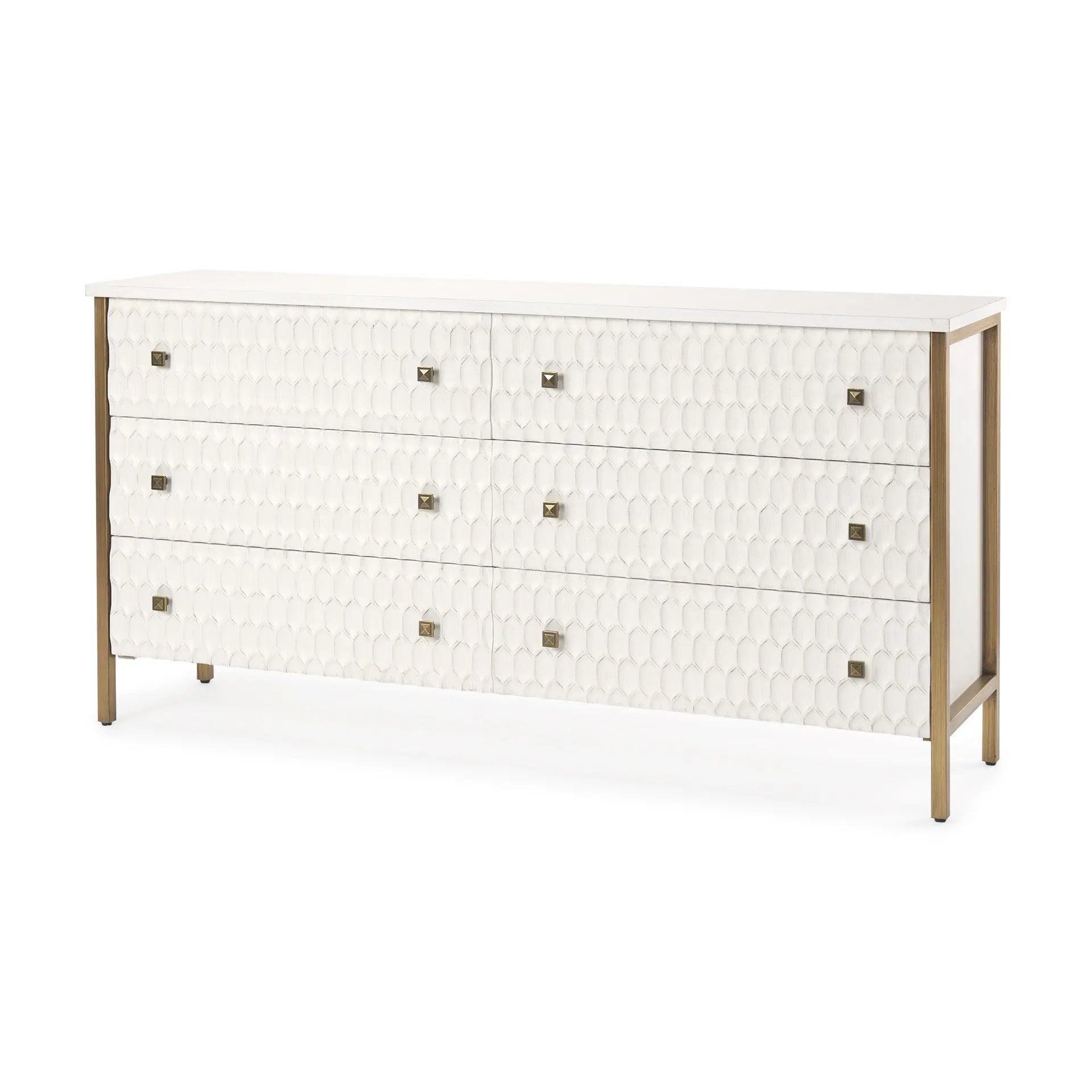 63" Gold And White Wood Carved Geometric Six Drawer Sideboard Homeroots Kitchen & Dining