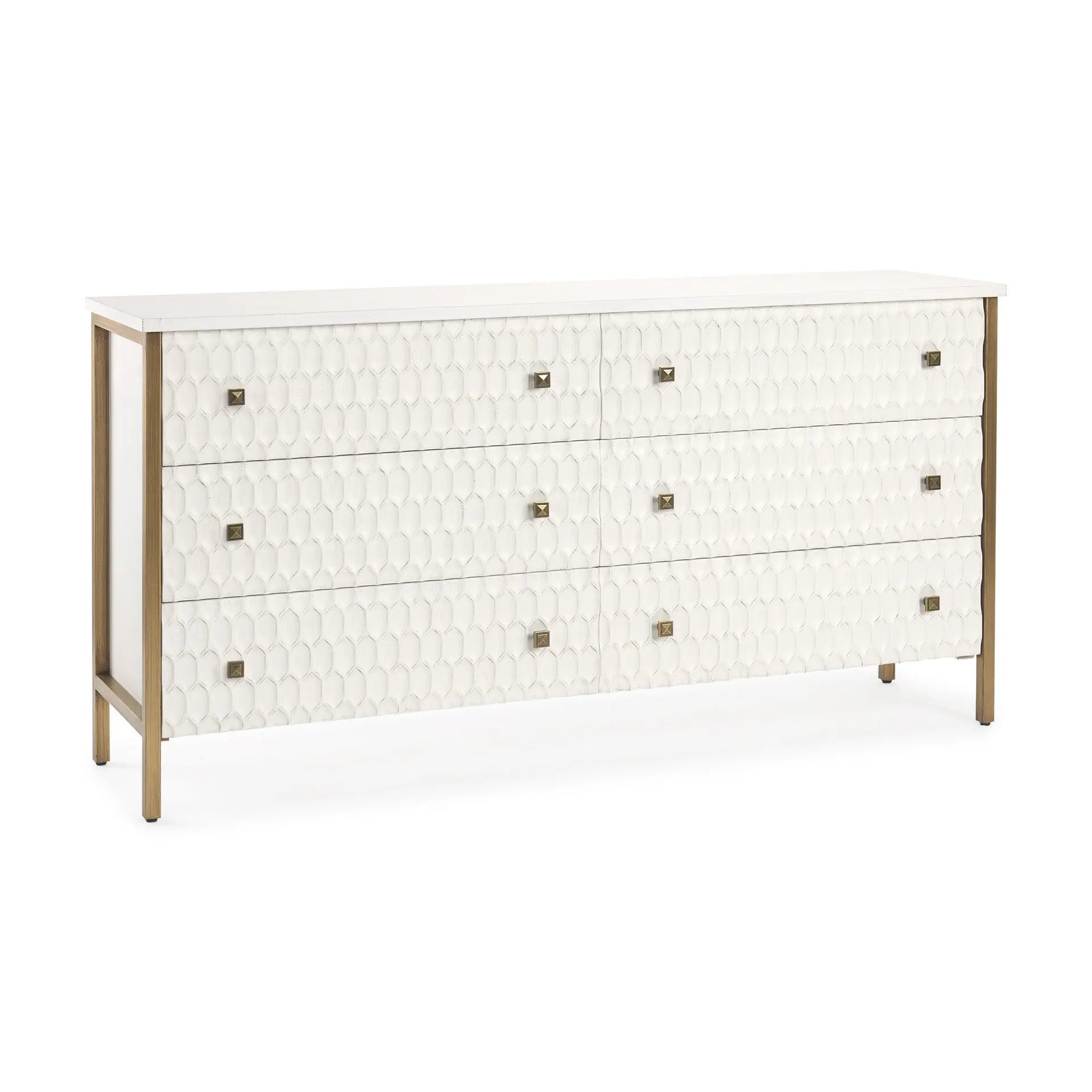 63" Gold And White Wood Carved Geometric Six Drawer Sideboard Homeroots Kitchen & Dining