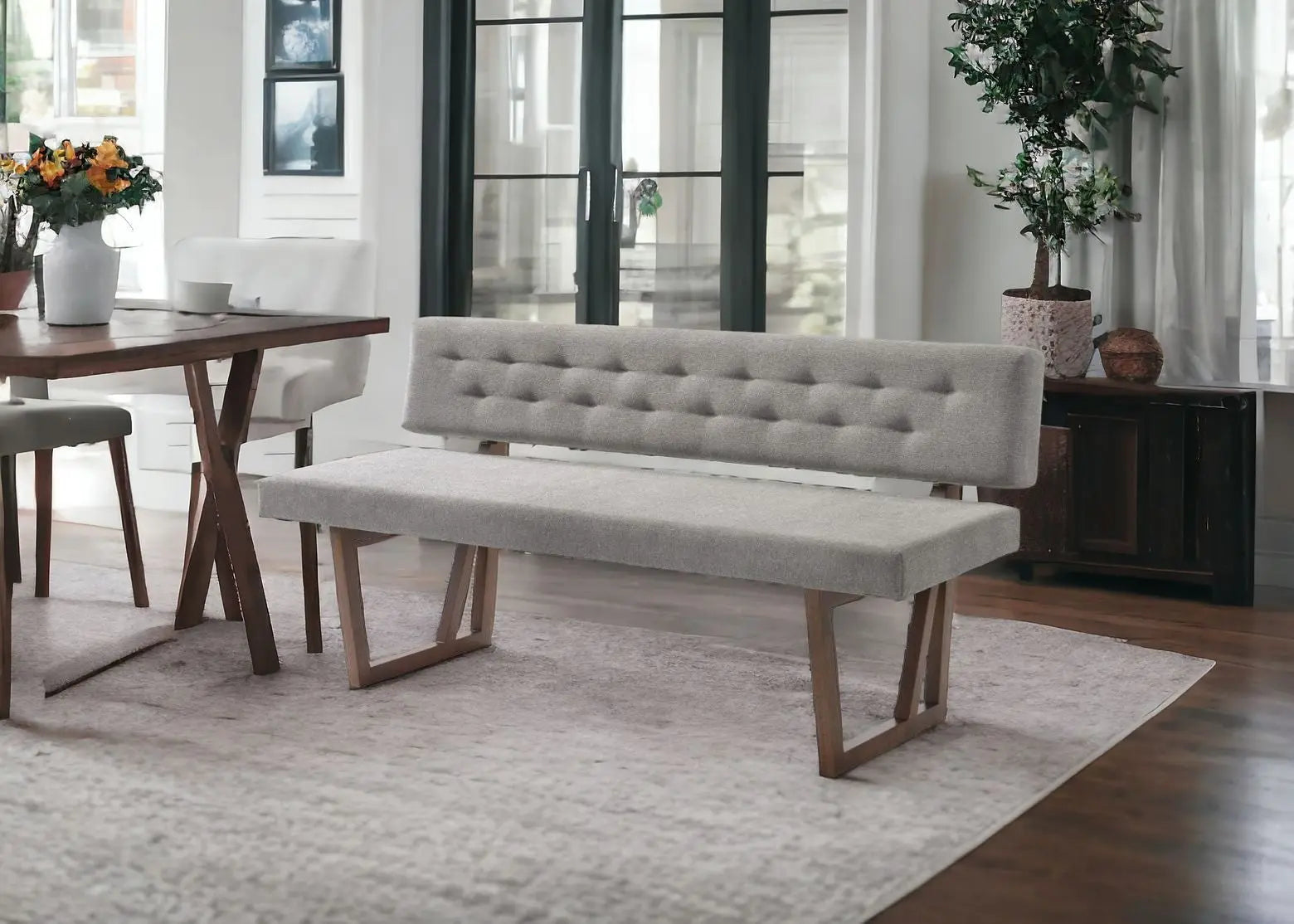 63" Gray and Brown Upholstered Linen Blend Dining Bench Homeroots Living Room